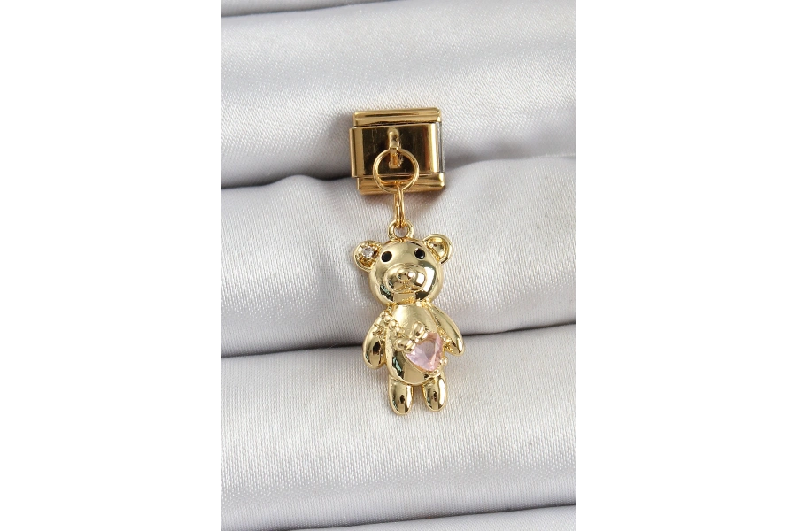 Shoecide 316l Çelik Sallantılı Zirkon Taşlı Ayıcık Model Gold Renk Nomination Charm