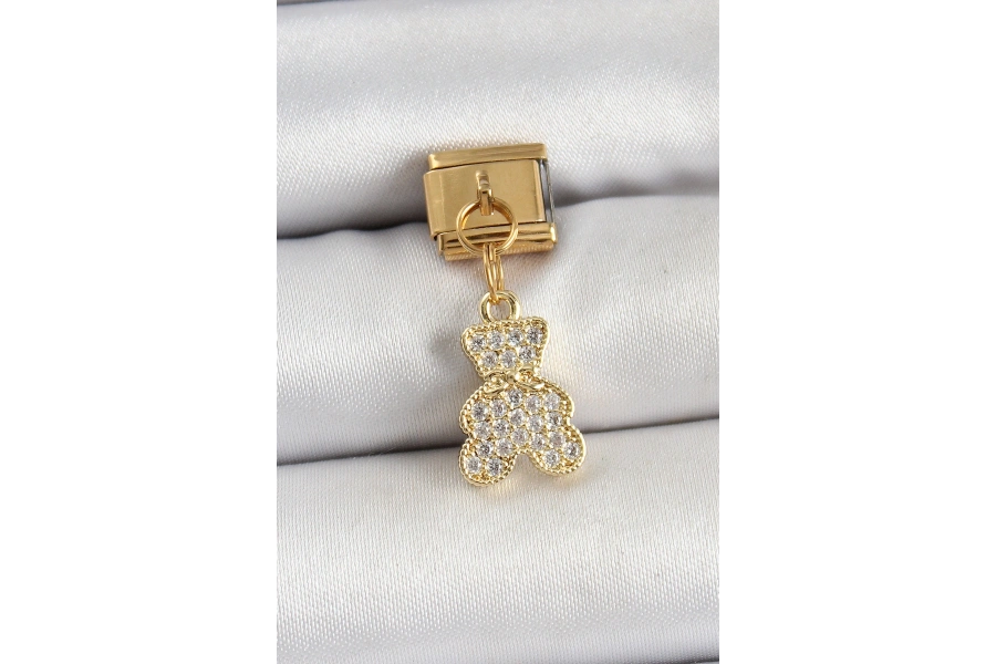 Shoecide 316l Çelik Sallantılı Zirkon Taşlı Ayıcık Model Gold Renk Nomination Charm