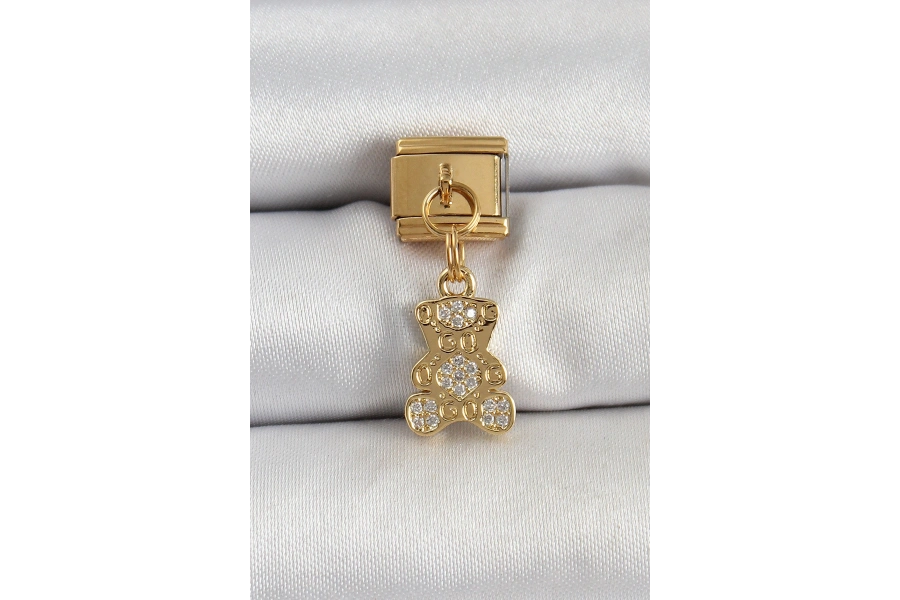Shoecide 316l Çelik Sallantılı Zirkon Taşlı Ayıcık Model Gold Renk Nomination Charm