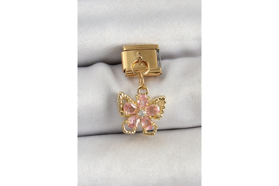 Shoecide 316l Çelik Sallantılı Zirkon Taşlı Çiçek Figürlü Kelebek Model Gold Renk Nomination Charm