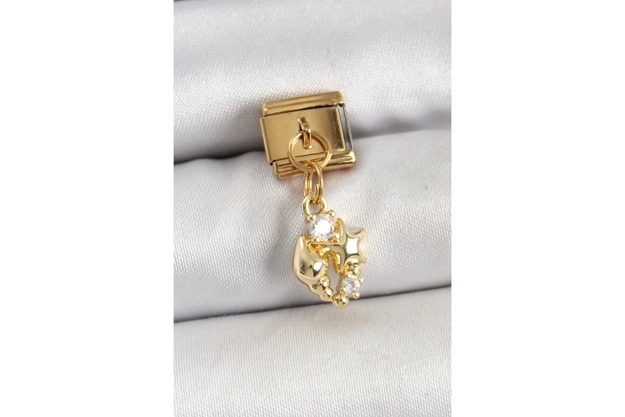 Shoecide 316l Çelik Sallantılı Zirkon Taşlı Deniz Kabuğu Ve Yıldız Model Gold Renk Nomination Charm