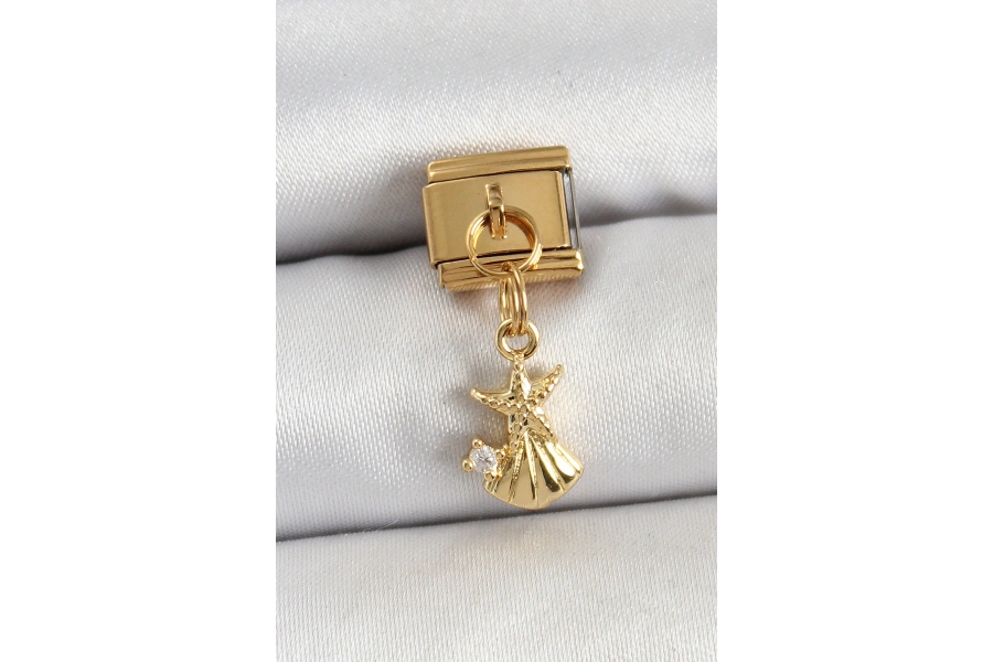 Shoecide 316l Çelik Sallantılı Zirkon Taşlı Deniz Yıldızı Ve İstiridye Model Gold Renk Nomination Charm