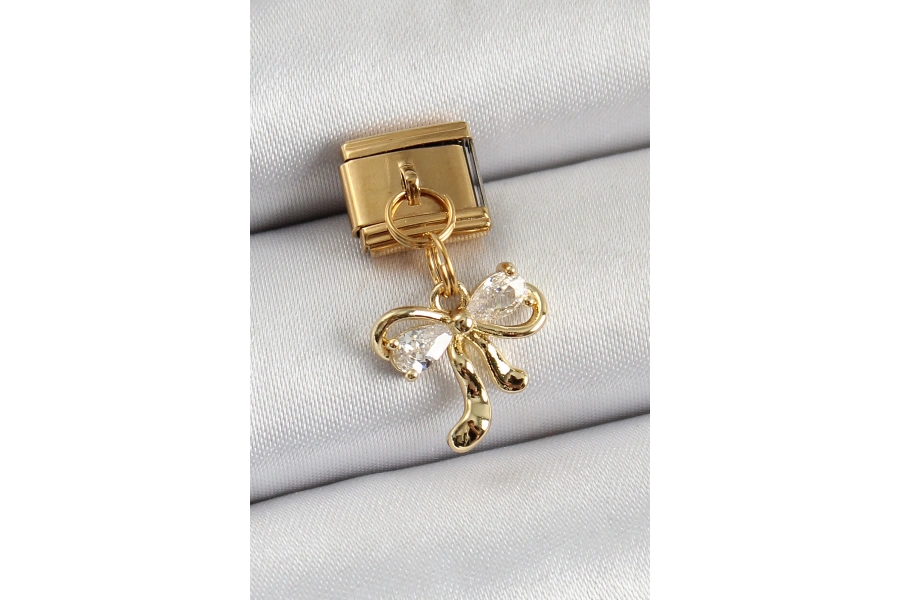 Shoecide 316l Çelik Sallantılı Zirkon Taşlı Fiyonk Model Gold Renk Nomination Charm