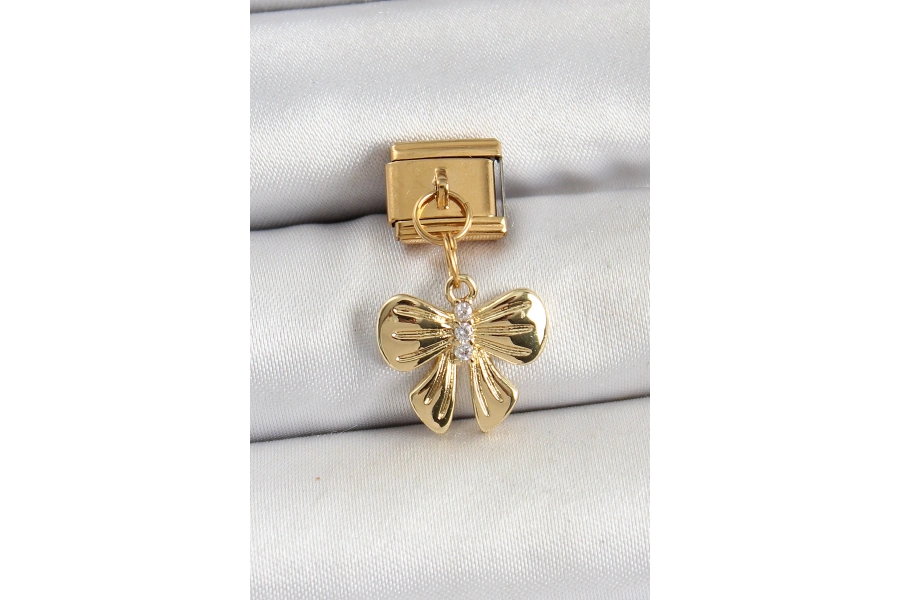 Shoecide 316l Çelik Sallantılı Zirkon Taşlı Fiyonk Model Gold Renk Nomination Charm