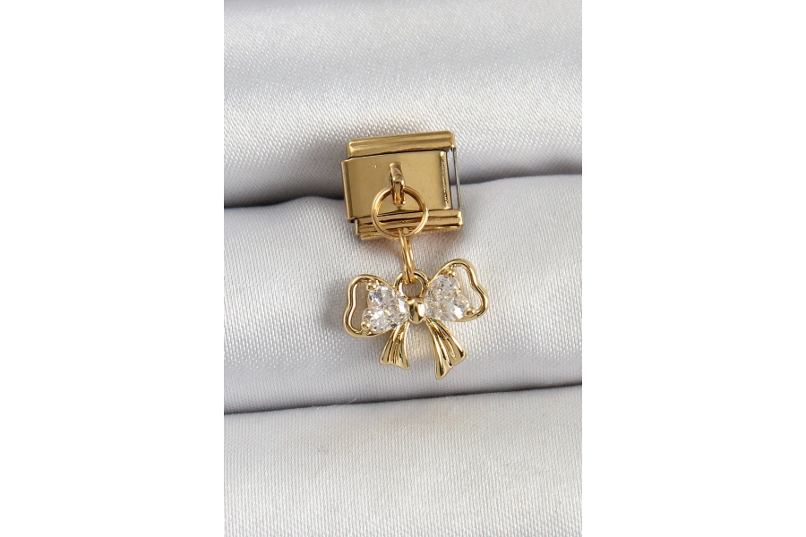 Shoecide 316l Çelik Sallantılı Zirkon Taşlı Fiyonk Model Gold Renk Nomination Charm