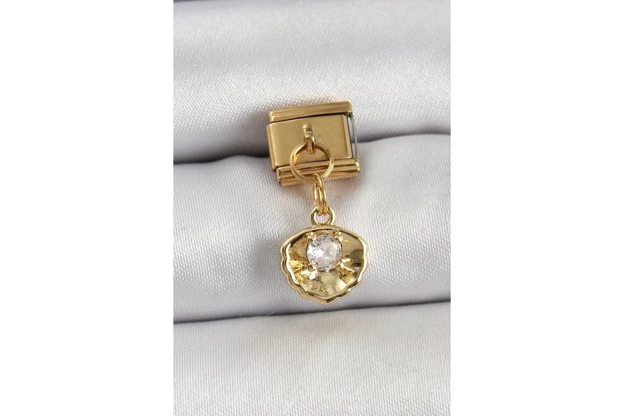 Shoecide 316l Çelik Sallantılı Zirkon Taşlı İstiridye Model Gold Renk Nomination Charm
