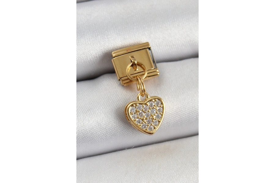 Shoecide 316l Çelik Sallantılı Zirkon Taşlı Kalp Model Gold Renk Nomination Charm