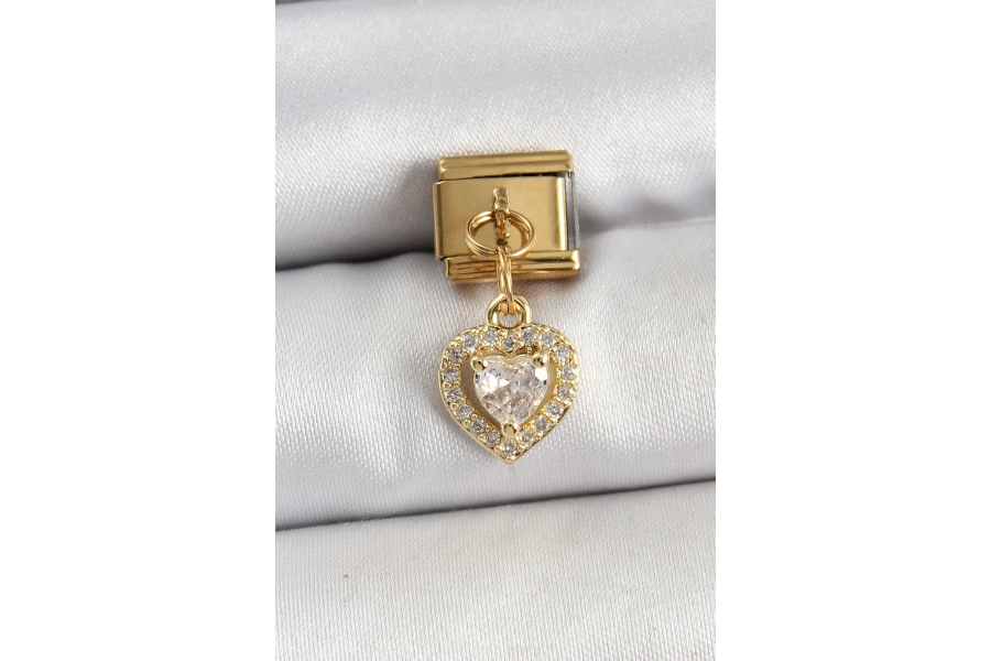 Shoecide 316l Çelik Sallantılı Zirkon Taşlı Kalp Model Gold Renk Nomination Charm