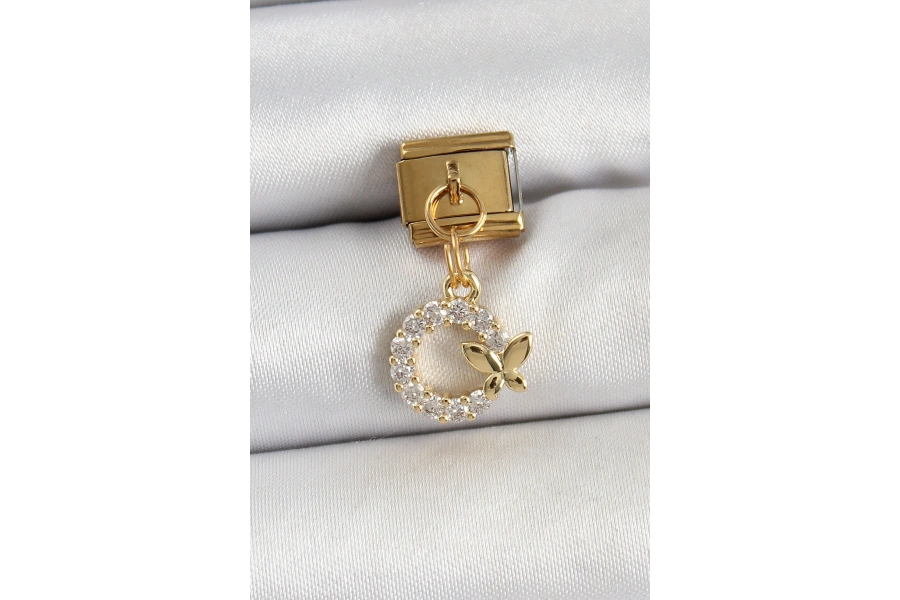 Shoecide 316l Çelik Sallantılı Zirkon Taşlı Kelebek Detaylı Halka Model Gold Renk Nomination Charm
