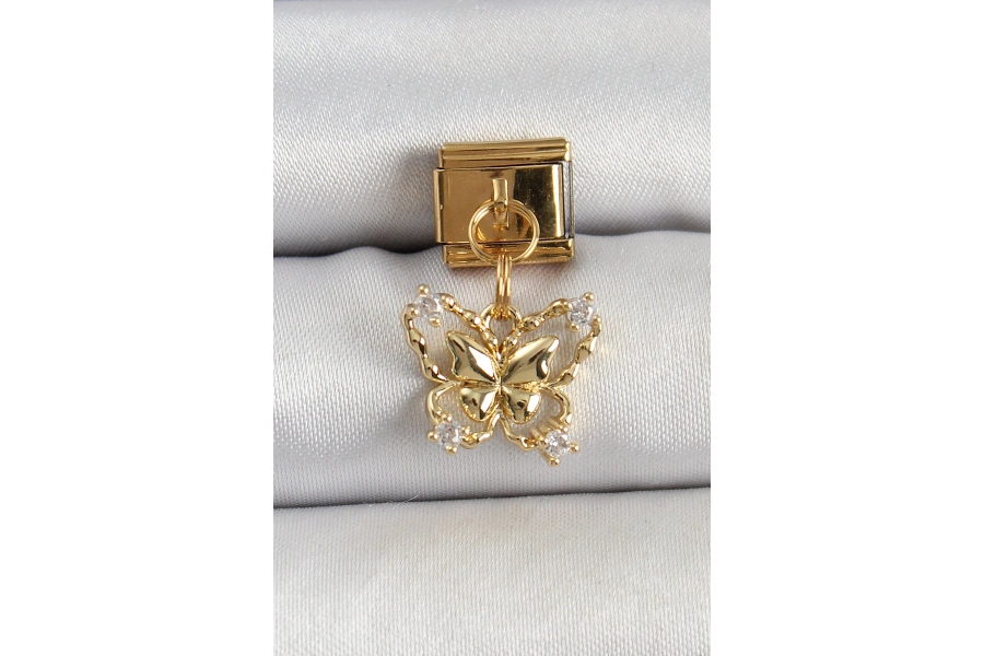 Shoecide 316l Çelik Sallantılı Zirkon Taşlı Kelebek Model Gold Renk Nomination Charm