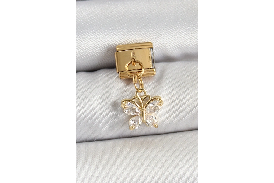 Shoecide 316l Çelik Sallantılı Zirkon Taşlı Kelebek Model Gold Renk Nomination Charm