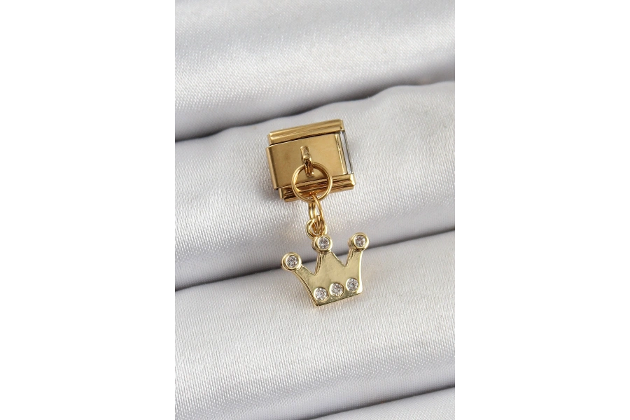 Shoecide 316l Çelik Sallantılı Zirkon Taşlı Kraliçe Tacı Model Gold Renk Nomination Charm