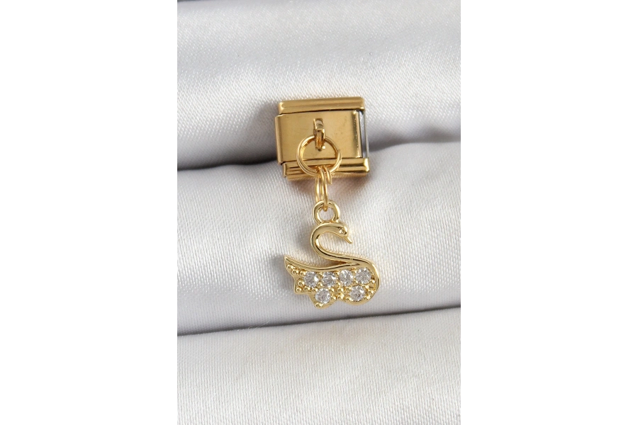 Shoecide 316l Çelik Sallantılı Zirkon Taşlı Kuğumodel Gold Renk Nomination Charm