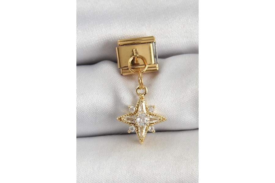 Shoecide 316l Çelik Sallantılı Zirkon Taşlı Kutup Yıldızı Model Gold Renk Nomination Charm