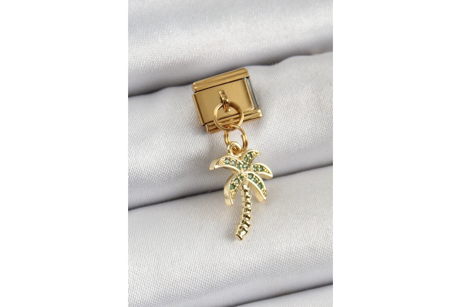 Shoecide 316l Çelik Sallantılı Zirkon Taşlı Palmiye Ağacı Model Gold Renk Nomination Charm