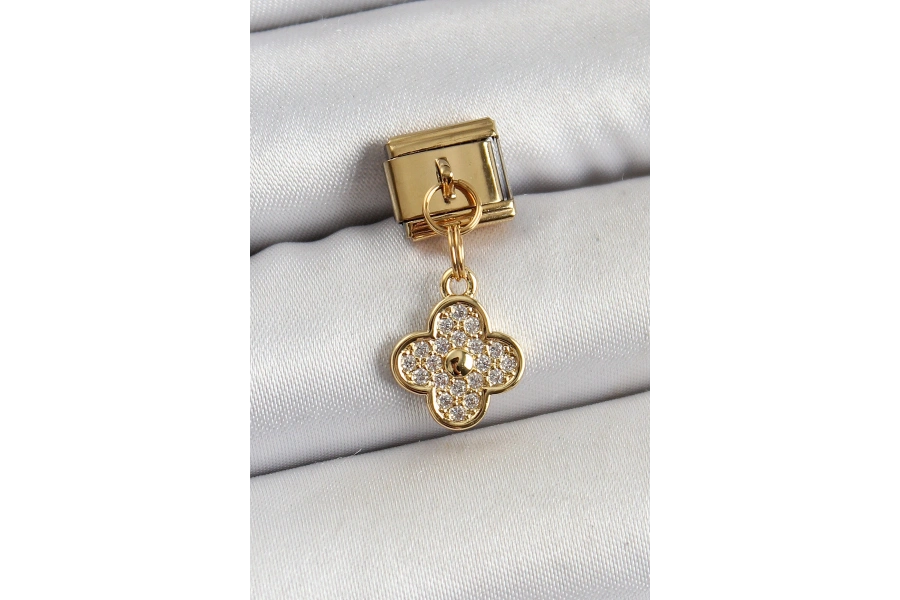 Shoecide 316l Çelik Sallantılı Zirkon Taşlı Yonca Model Gold Renk Nomination Charm