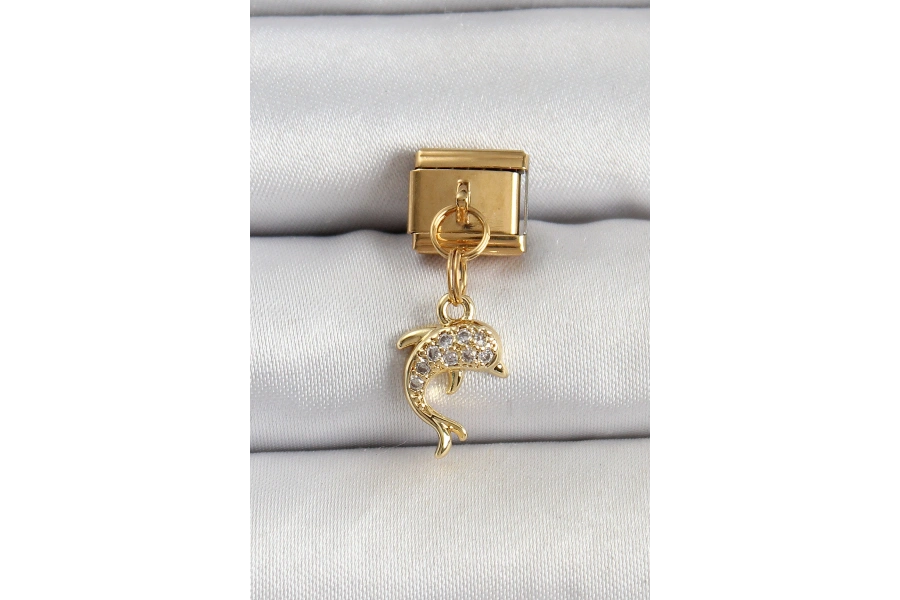Shoecide 316l Çelik Sallantılı Zirkon Taşlı Yunus Balığı Model Gold Renk Nomination Charm