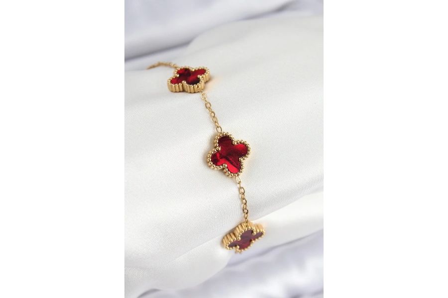 Shoecide 316l Çelik Sedefli Kırmızı Gold Renk Yonca Kadın Bileklik