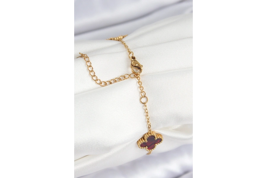 Shoecide 316l Çelik Sedefli Kırmızı Gold Renk Yonca Kadın Bileklik