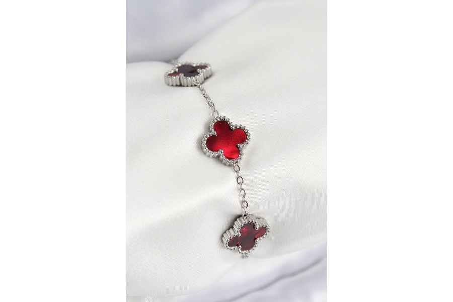 Shoecide 316l Çelik Sedefli Kırmızı Gümüş Renk Yonca Kadın Bileklik