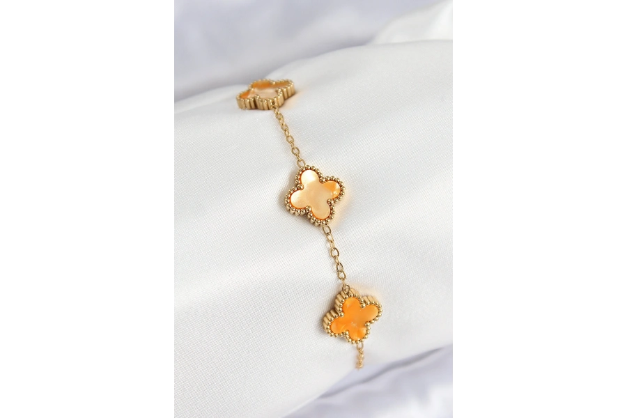 Shoecide 316l Çelik Sedefli Turuncu Gold Renk Yonca Kadın Bileklik