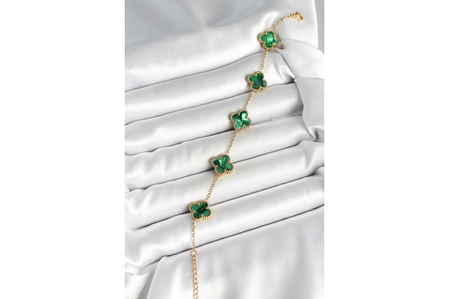 Shoecide 316l Çelik Sedefli Zümrüt Yeşil Gold Renk Yonca Kadın Bileklik