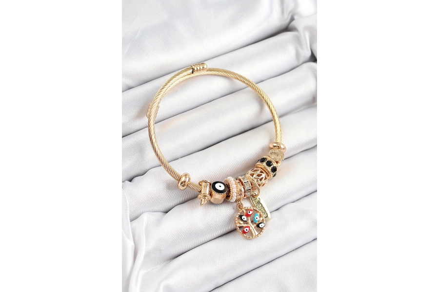 Shoecide 316l Çelik Siyah Nazarlı Zirkon Taşlı İnci Detaylı Hayat Ağacı Model Gold Renk Charm Bileklik
