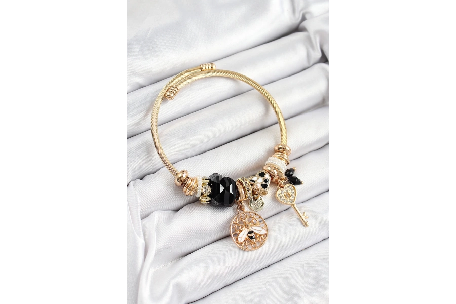 Shoecide 316l Çelik Siyah Zirkon Taşlı Baykuş Arı Ve Anahtar Model Gold Renk Charm Bileklik