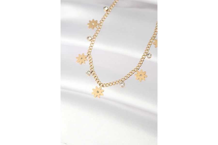 Shoecide 316l Çelik Taşlı Gold Renk Çoklu Çiçek Kolye