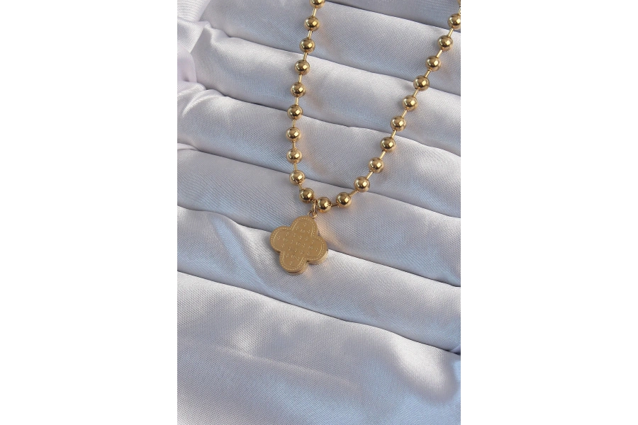 Shoecide 316l Çelik Top Zincirli Gold Renk İşlemeli Yonca Model Kolye