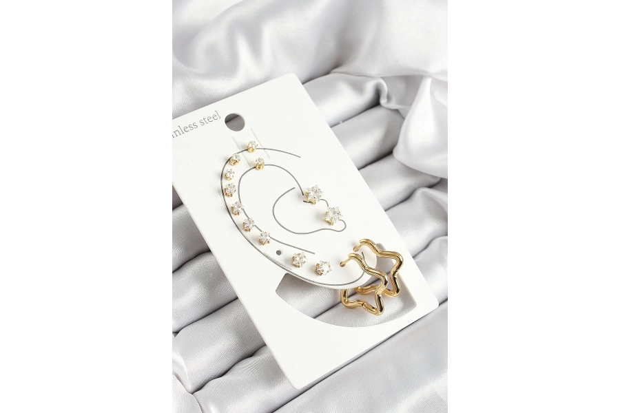 Shoecide 316l Çelik Yıldız Figürlü Ve Zirkon Taşlı Gold Renk 7li Çift Kadın Küpe Set