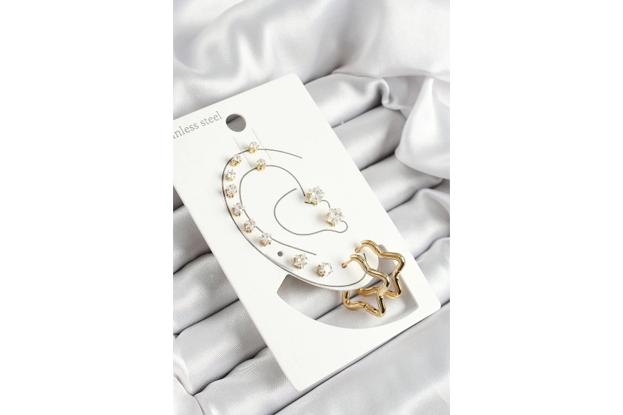Shoecide 316l Çelik Yıldız Figürlü Ve Zirkon Taşlı Gold Renk 7li Çift Kadın Küpe Set