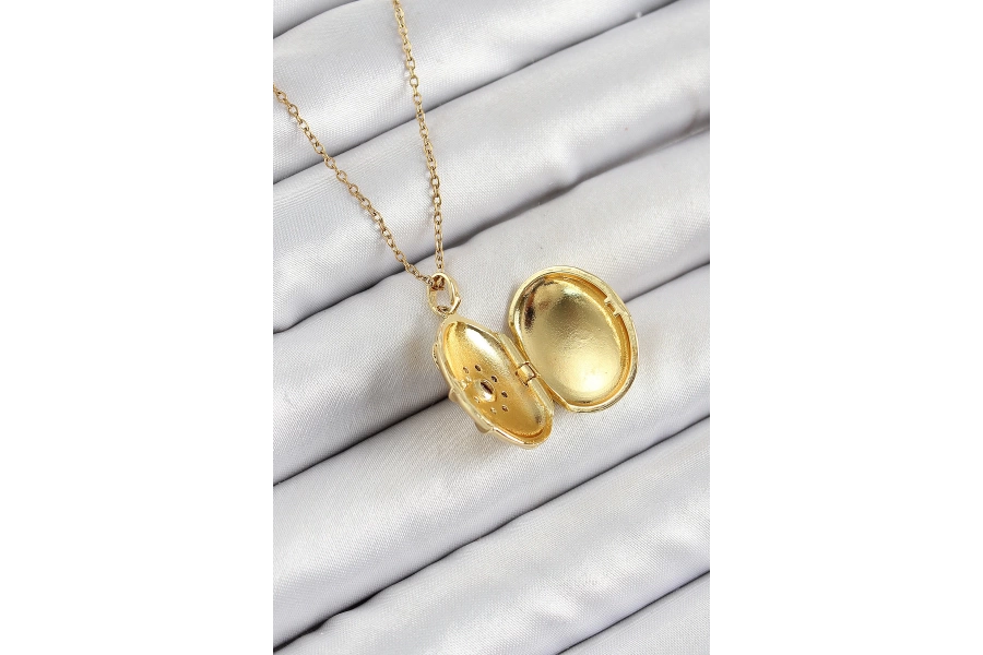 Shoecide 316l Çelik Zincir Açılabilir Madalyon Model Zirkon Taşlı Gold Renk Kadın Kolye