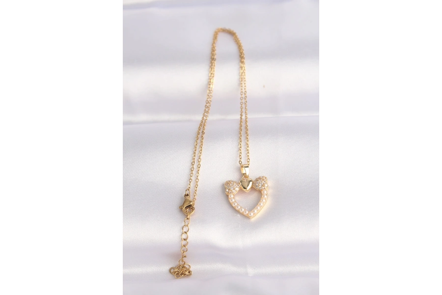 Shoecide 316l Çelik Zincir Altın Renk İnci Taş Detay Zirkon Taşlı Kalp Kolye