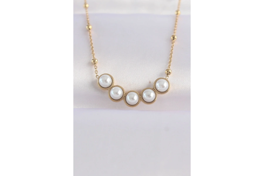 Shoecide 316l Çelik Zincir Altın Renk Sıralı İnci Taşlı Kolye