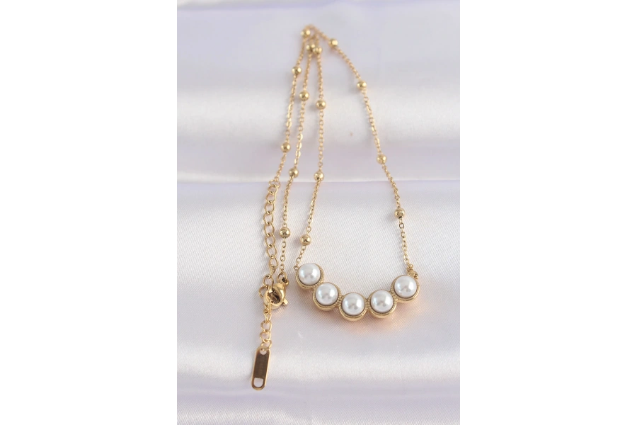 Shoecide 316l Çelik Zincir Altın Renk Sıralı İnci Taşlı Kolye