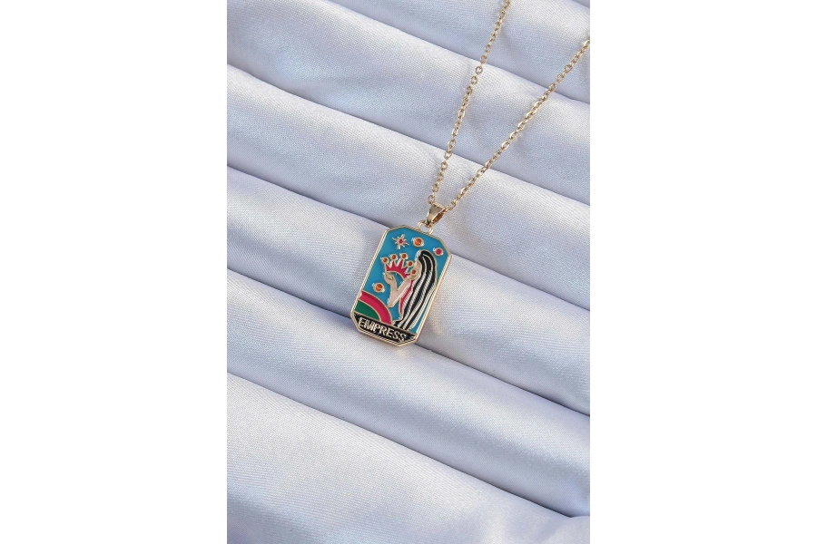 Shoecide 316l Çelik Zincir Altın Renk Taç Ve Kız Figürlü Renkli Mineli Tarot Kolye