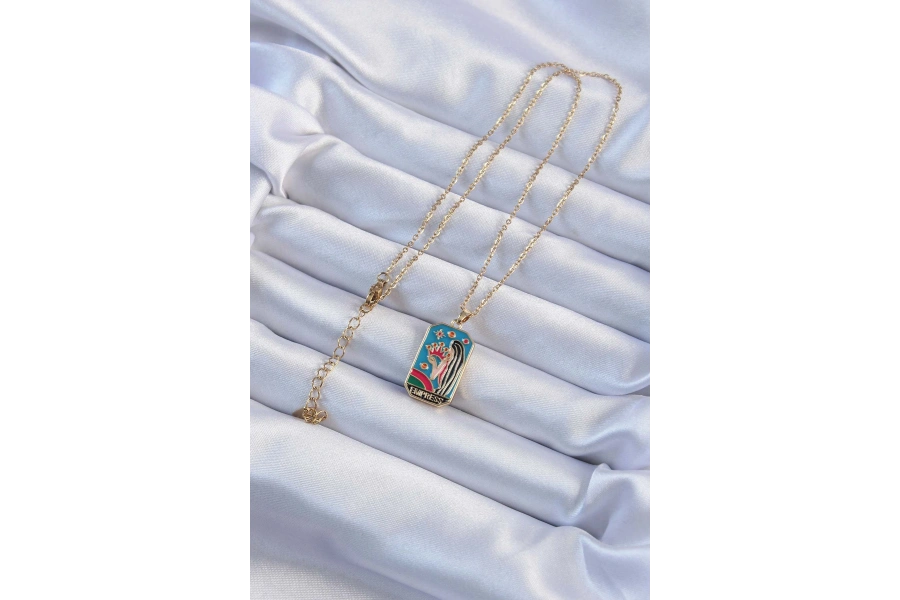 Shoecide 316l Çelik Zincir Altın Renk Taç Ve Kız Figürlü Renkli Mineli Tarot Kolye