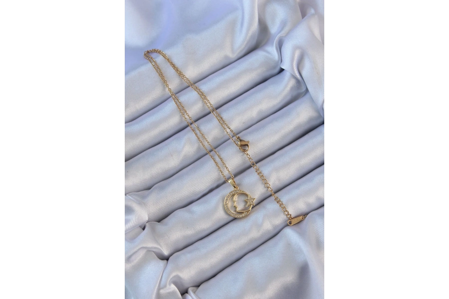 Shoecide 316l Çelik Zincir Altın Renk Zirkon Taşlı Ay Yıldız Simgeli Atatürk Kolye