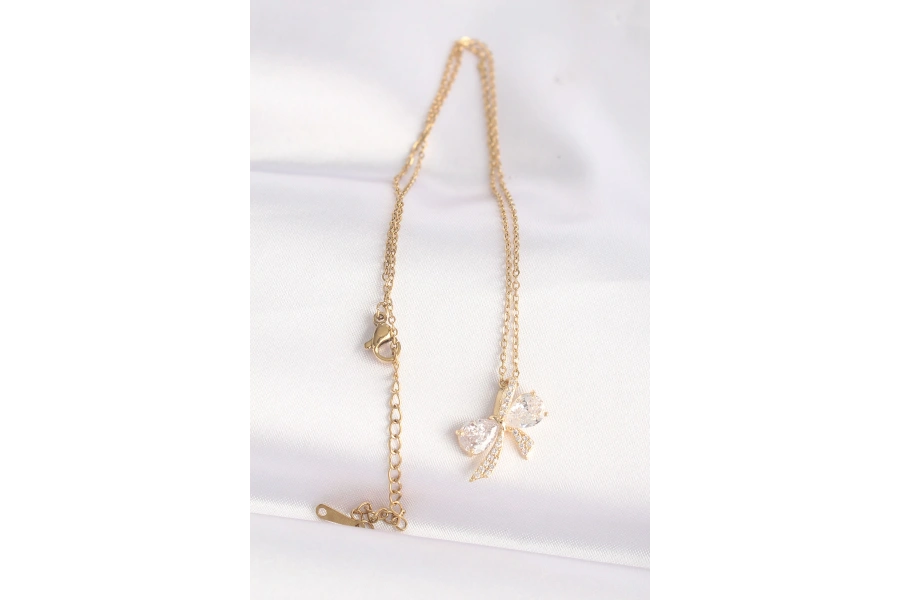 Shoecide 316l Çelik Zincir Altın Renk Zirkon Taşlı Fiyonk Kolye