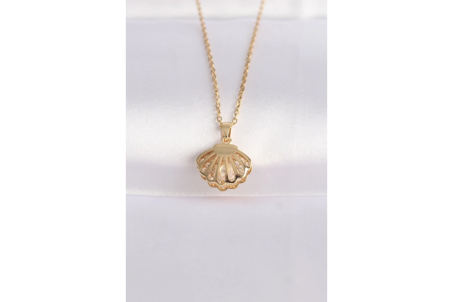 Shoecide 316l Çelik Zincir Altın Renk Zirkon Taşlı İnci Detay İstiridye Kolye