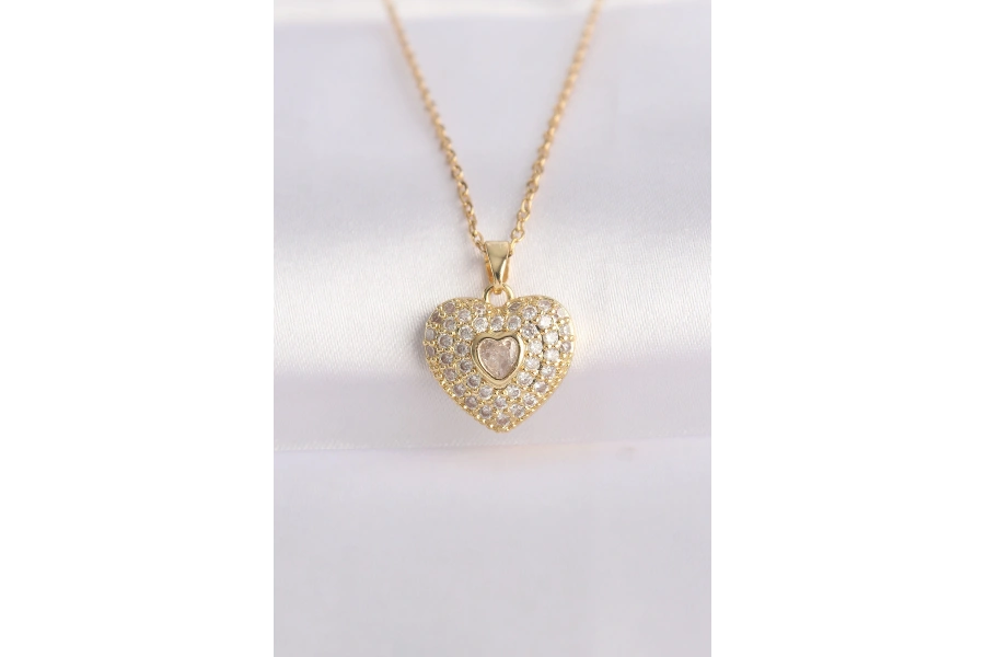 Shoecide 316l Çelik Zincir Altın Renk Zirkon Taşlı Kalp Kolye