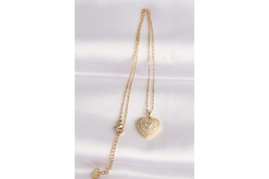 Shoecide 316l Çelik Zincir Altın Renk Zirkon Taşlı Kalp Kolye
