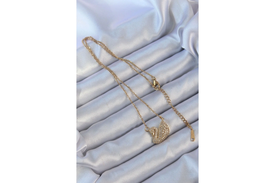 Shoecide 316l Çelik Zincir Altın Renk Zirkon Taşlı Kuğu Kolye
