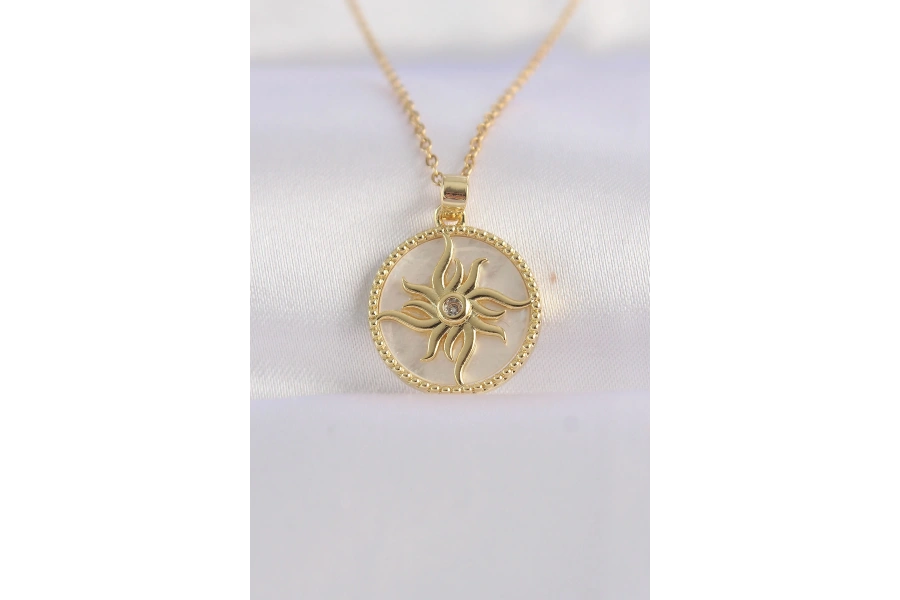 Shoecide 316l Çelik Zincir Altın Renk Zirkon Taşlı Oval Tasarım Güneş Kolye