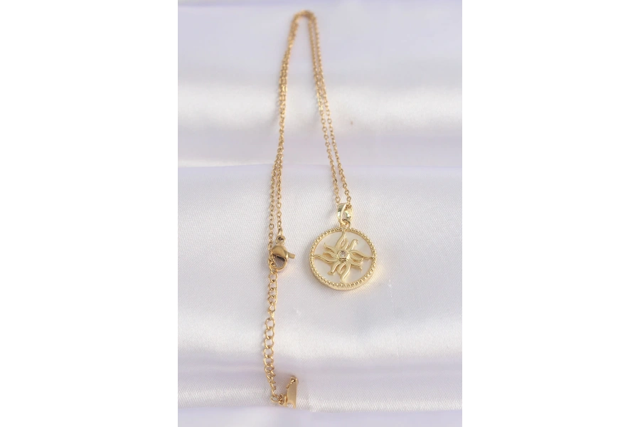 Shoecide 316l Çelik Zincir Altın Renk Zirkon Taşlı Oval Tasarım Güneş Kolye