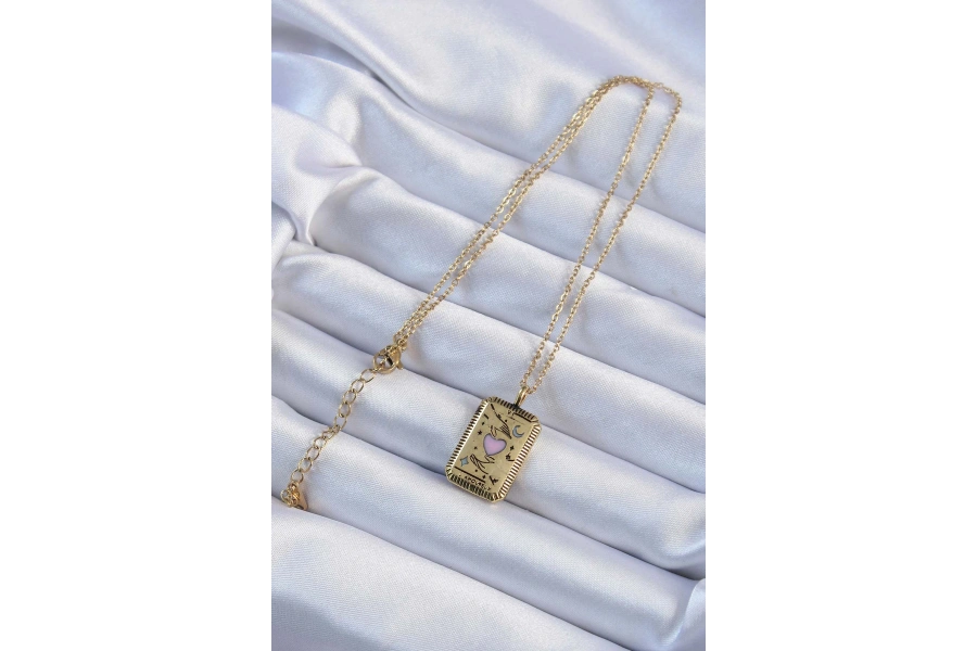 Shoecide 316l Çelik Zincir Eskitme Altın Renk Pembe Mineli Kalp Figürlü Tarot Kolye