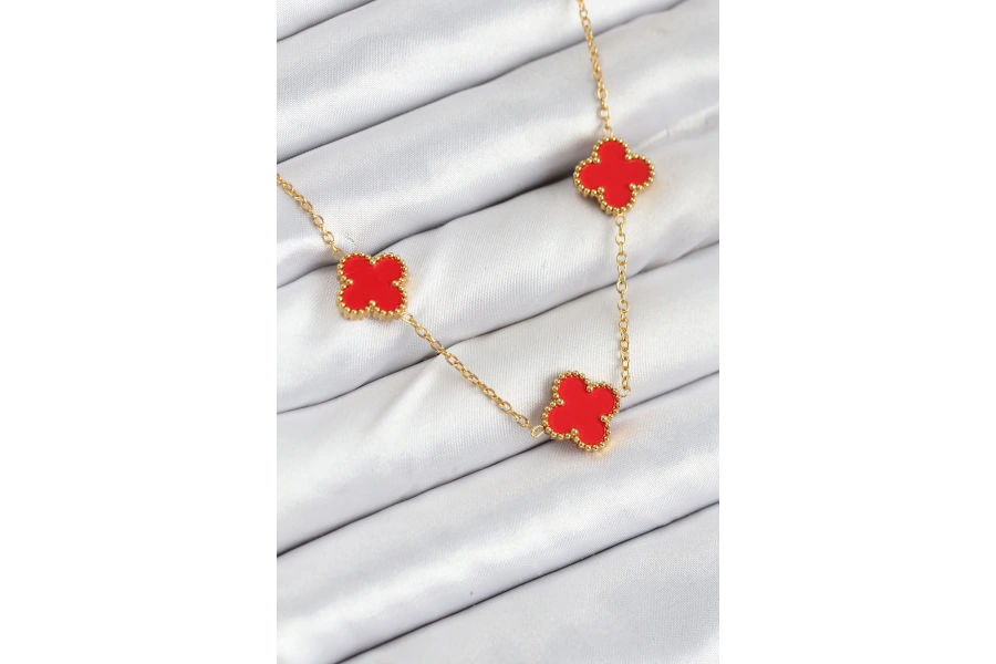 Shoecide 316l Çelik Zincir Gold Kırmızı Renk Yonca Kadın Kolye