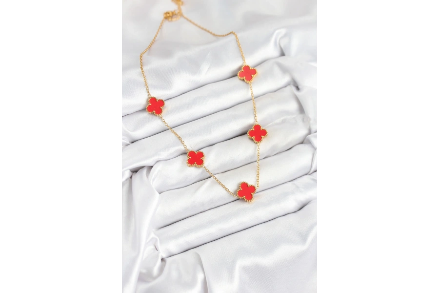 Shoecide 316l Çelik Zincir Gold Kırmızı Renk Yonca Kadın Kolye