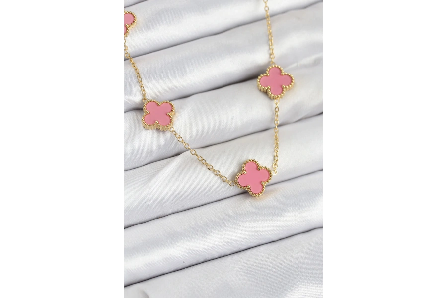 Shoecide 316l Çelik Zincir Gold Pembe Renk Yonca Kadın Kolye